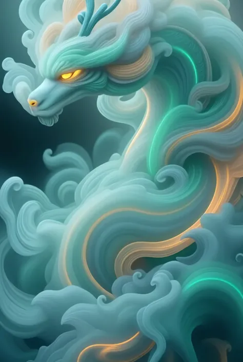 A radiant cloud of shimmering, dark-colored smoke swirls and glows, filling the air with an ethereal light. Suddenly, from within the luminous haze, a sleek green chinese dragon with glowing eyes and white long beard leaps forward, its fur gleaming like po...