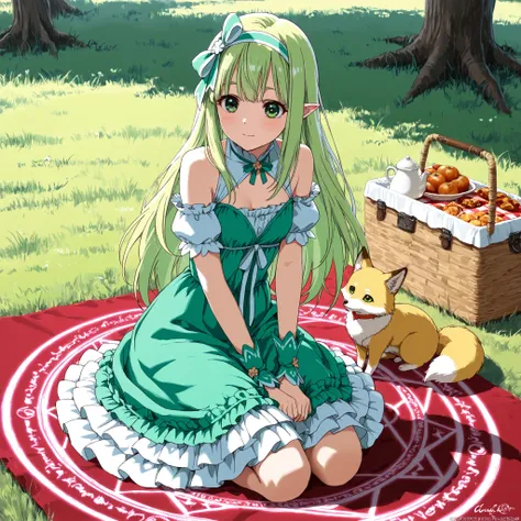 best quality, amazing quality,masterpiece,absurdres,ultra detailed,high detail eyes,eye_focus,1 girl,orphia-default,green eyes,green hair,long hair,hair bow,hairband, pointy ears, bare shoulders,small breasts,dress camisolar, green dress,fullbody,sit on ca...