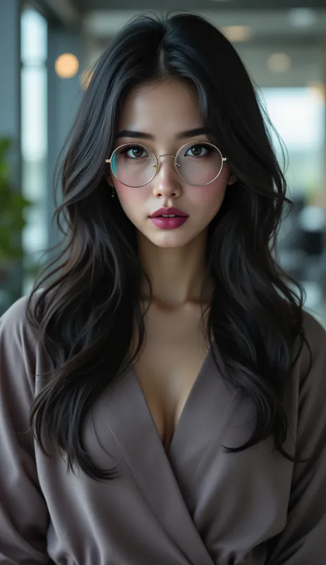 masterpiece, best quality, very aesthetic, absurdres, 1girl, solo, young woman in mid-20s, pale radiant skin with inner glow, ebony black hair cascading in lively glossy waves, almond-shaped eyes with mysterious slant and intense gaze, dark airy plume-like...