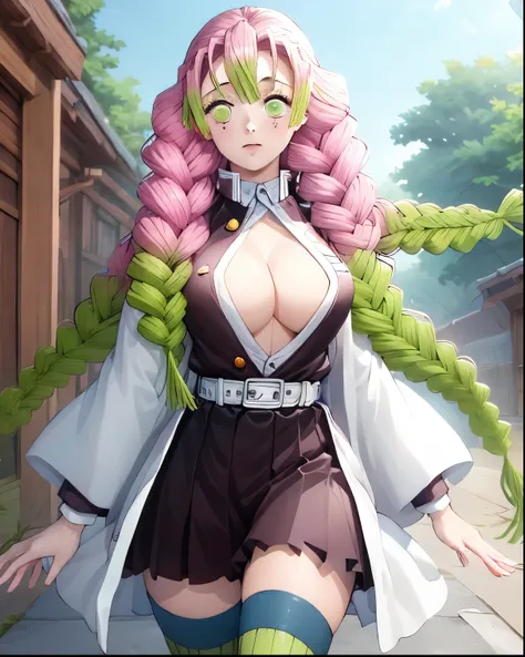 masterpiece, best quality, highres, aamitsuri, long hair, braid, multicolored hair, green eyes, mole under eye, big breasts, sexy, cleavage, white jacket, haori, green thighhighs, ribbed legwear, standing, full-body shot, outdoors, waving, sexy