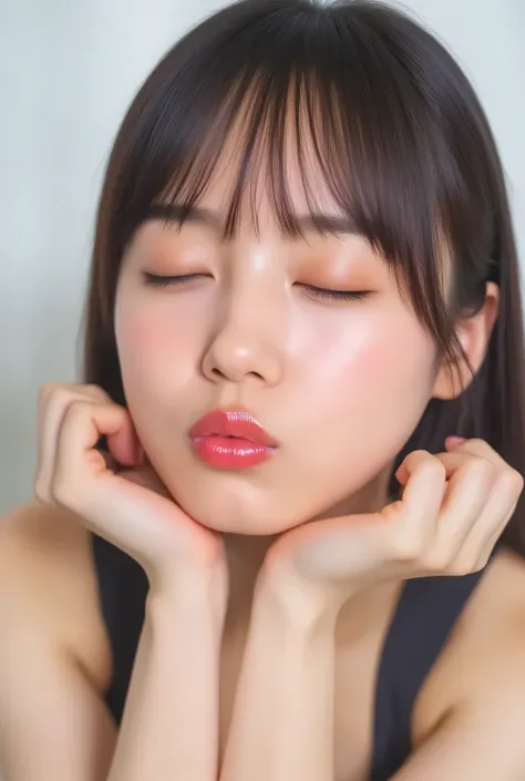 beautiful young woman, eyes closed, soft smiling expression, cheeks flushed, outer eye corners lowered, head slightly tilted back, extremely puckered lips, lips tightly pursed and pointed forward, exaggerated kissy lips, heart-shaped lip pose, shiny soft p...