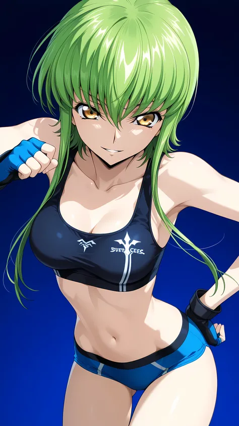 C.C., Code Geass, gold eyes, medium breasts,, solo, (black and blue sports bra, black and blue low-leg cut sports underwear, black and blue fingerless gloves), serious grin, well-toned slim body, slim waist, looking at viewer, extremely detailed eyes and ...