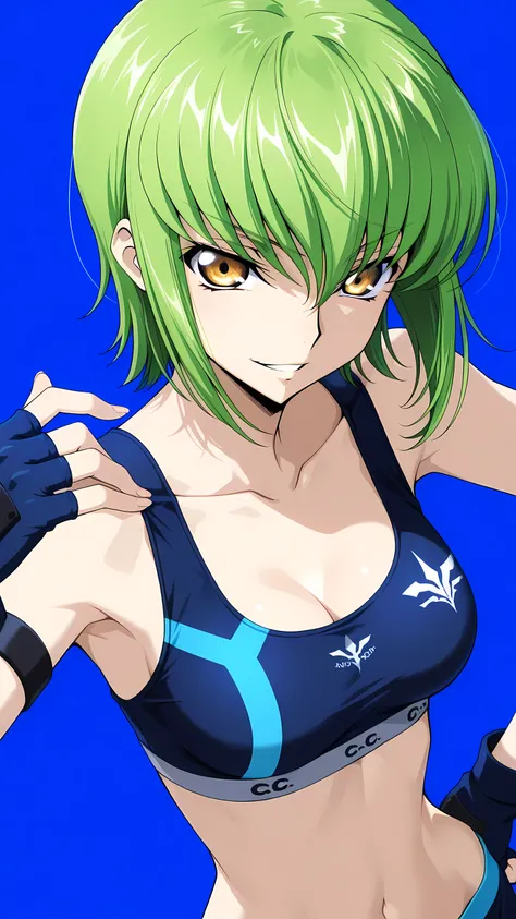 C.C., Code Geass, gold eyes, medium breasts,, solo, (black and blue sports bra, black and blue low-leg cut sports underwear, black and blue fingerless gloves), serious grin, well-toned slim body, slim waist, looking at viewer, extremely detailed eyes and ...
