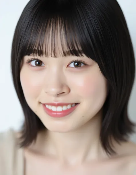 RAW photo, reality,((Staring intently at the viewer)),((Focus on Your FACE)),((close-up)), front, Japanese woman, smile, medium hair, black hair, straight hair, naked, Unprocessed , live-action, Genuine,cute young girl, beautiful reflective eyes ,Beautiful...