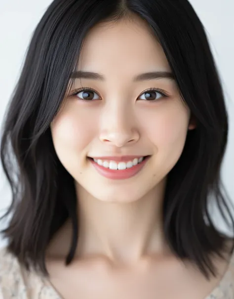 RAW photo, reality, ((staring)), ((focus on face)), ((close-up)), front view, Japanese woman, smiling, medium-long hair, black hair, wavy hair, nude, unedited, live-action, authentic, cute young girl, beautifully reflective eyes, beautifully detailed lips,...