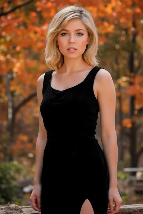 Jennette McCurdy with loose blond hair and blue eyes wearing a black evening dress, autumnal background, seiza