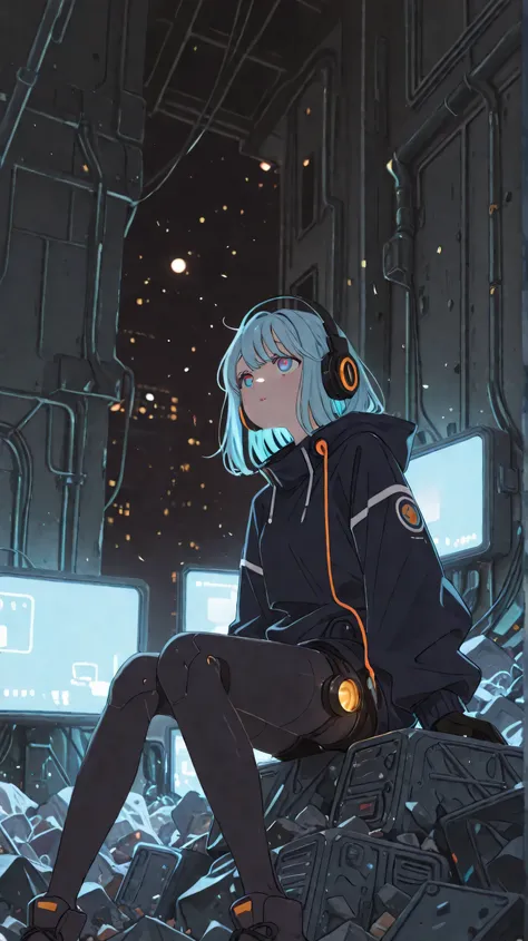 masterpiece, ((best quality)), (insanely detailed)、future city、Dark city square、Large machinery waste、Huge mechanical debris floating in air、flying searchlight machine、girl sitting on pile of garbage、美しい女の子、鋭い目、白い目、White and light blue hair、作業着、Mechanical ...