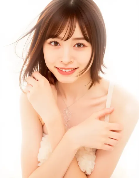 The character's pose, with both arms covering her breasts, is dynamic. The flowing brown hair, which appears wet, emphasizes the warmth. This anime-style illustration depicts a female character. The character's pose is dynamic, suggesting action and moveme...