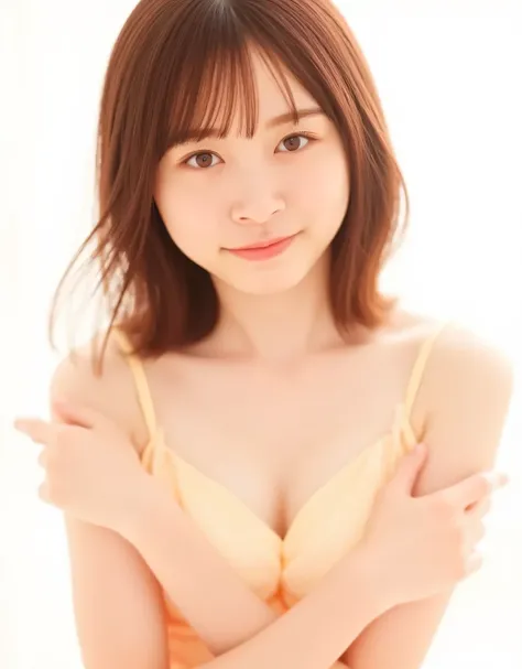 The character's pose, with both arms covering her breasts, is dynamic. The flowing brown hair, which appears wet, emphasizes the warmth. This anime-style illustration depicts a female character. The character's pose is dynamic, suggesting action and moveme...