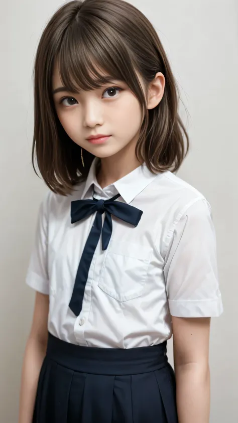 (of the highest quality、masterpiece)、white background、Blurry Background、1girl、beautiful girl、small breasts、Shyness、red blush、ultra high res、Beautiful Woman、Cute Little、 solo、Japanese woman、((15-year-old student、high school girl、very young beautiful girl mo...