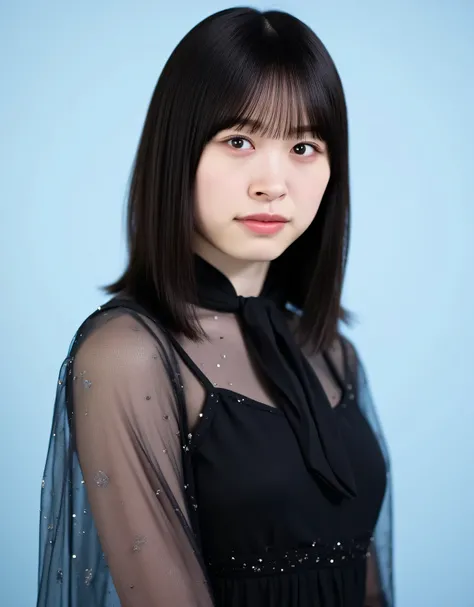 The image is a portrait of a young woman with shoulder-length hair and bangs. She is wearing a black dress with a sheer neckline and a black scarf tied around her neck. The dress is made of a sheer fabric with small silver sequins that sparkle in the light...