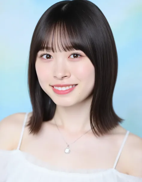 This photo is a portrait of a young woman with shoulder-length hair and bangs. She is wearing an off-the-shoulder dress, has a beautiful collarbone, and a necklace around her neck. She is looking directly into the camera with a shy smile. The background is...