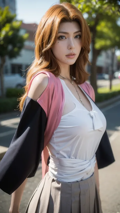 Ultra-realistic half-body portrait of Rangiku Matsumoto from Bleach, depicted in a modern Japanese school uniform. She has long, silky strawberry-blonde hair flowing over her shoulders, fair flawless skin, and striking blue eyes that shine with confidence ...