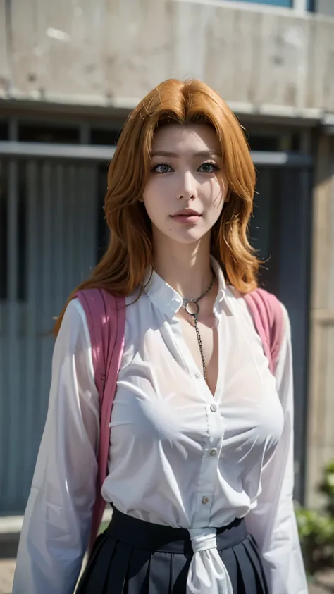 Ultra-realistic half-body portrait of Rangiku Matsumoto from Bleach, depicted in a modern Japanese school uniform. She has long, silky strawberry-blonde hair flowing over her shoulders, fair flawless skin, and striking blue eyes that shine with confidence ...