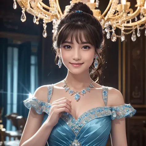 faceup, dramatic composition, court dress, royal, nice, cascading ruffles, raffle, bow, crystal chandelier, roman curl hairstyle, place,   double ponytail like a drill, look at the camera, bangs,   maximalism, palace-like background, delicate hair and eye ...
