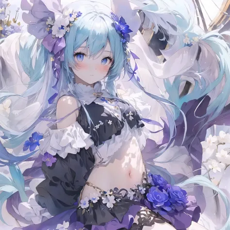 anime girl with blue hair and white dress and purple and blue flowers, anime style 4 k, trending on artstation pixiv, mikudayo, anime art wallpaper 4 k, anime art wallpaper 4k, nightcore, anime art wallpaper 8 k, digital art on pixiv, rem rezero, guweiz on...