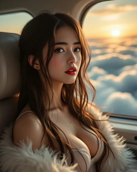 A beautiful woman is sitting on a private jet、the sea of clouds and the sunset are shining through the window、take off her silvery white fur coat、she wears a camisole dress inside her coat、her hair is long and wavy、Not tied、red lipstick is sexy、take advant...