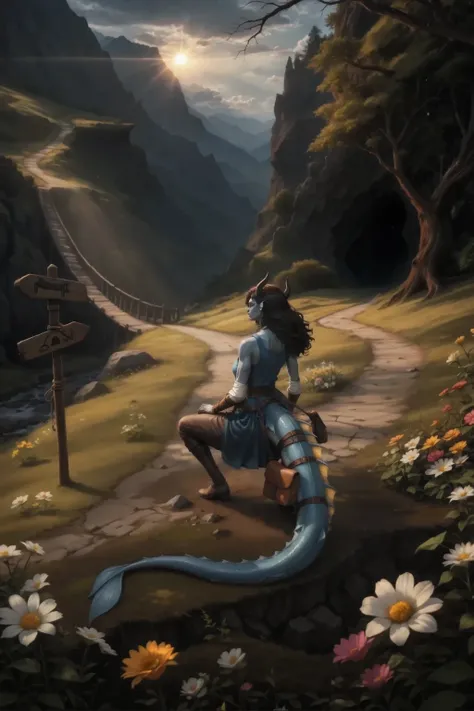 A pronounced fork around the gorge on a narrow mountain path among wildflowers and stones along the slope.
The path to the cave leads to the right down into the cave. There is a sprawling tree next to the cave.
To the left of the fork, there is a path up t...