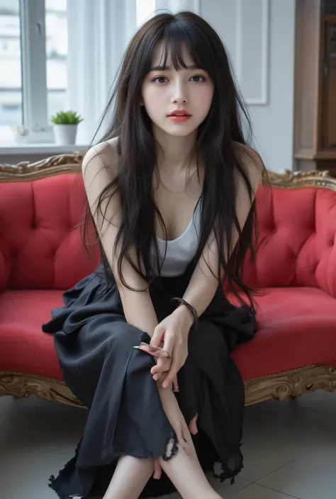full body、long black hair、bungs、smile、looking at the camera、girl white and black gothic lolita clothes、 medium sized breasts、Slender Body、Black heel shoes、interior、is sitting on the red sofa。