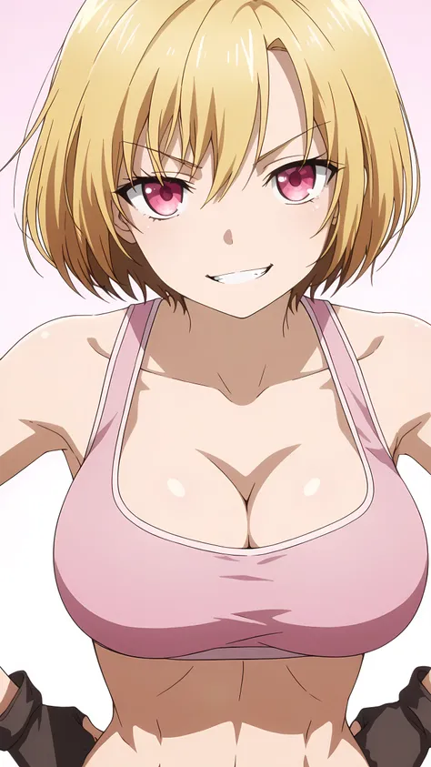 salty, large breasts, cleavage,, solo, (pink sports bra, pink low-leg cut sports underwear, pink fingerless gloves), serious grin, well-toned slim body, slim waist, looking at viewer, extremely detailed eyes and face, portrait, bare thigh, hands on hip,
no...