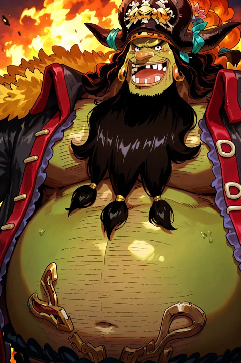 zoroj, neon shading, anime screencap, NDAN_SB ,marshall d teach, male missing tooth, black eyes, black beard, long hair male, long nose, hairy man, fat man, huge man, eyelashes, dark-skinned male, facial hair, ugly man,,solo, ((Marshall D. Teach)), ((Mars...