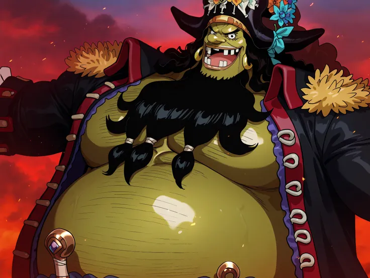 zoroj, neon shading, anime screencap, NDAN_SB ,marshall d teach, male missing tooth, black eyes, black beard, long hair male, long nose, hairy man, fat man, huge man, eyelashes, dark-skinned male, facial hair, ugly man,,solo, ((Marshall D. Teach)), ((Mars...