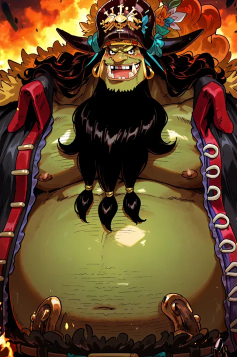 zoroj, neon shading, anime screencap, NDAN_SB ,marshall d teach, male missing tooth, black eyes, black beard, long hair male, long nose, hairy man, fat man, huge man, eyelashes, dark-skinned male, facial hair, ugly man,,solo, ((Marshall D. Teach)), ((Mars...