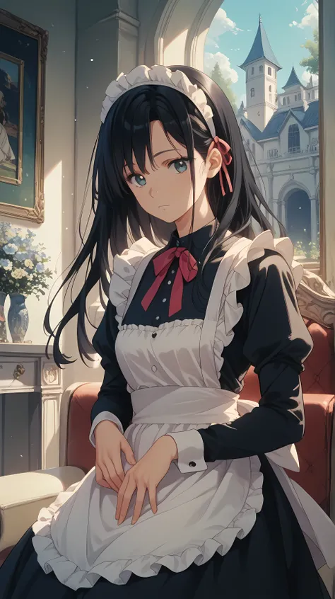 Eye Regulation（long black hair､maid clothes､maid headband in front of a mansion painting､sexy）､大邸宅の絵画の前で､midnight