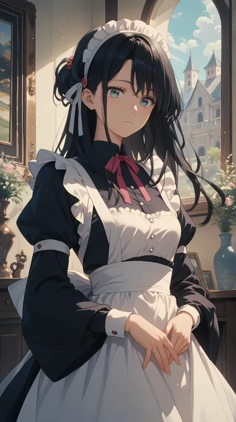 Eye Regulation（long black hair､maid clothes､maid headband in front of a mansion painting､sexy）､大邸宅の絵画の前で､midnight