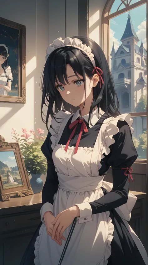 Eye Regulation（long black hair､maid clothes､maid headband in front of a mansion painting､sexy）､大邸宅の絵画の前で､midnight