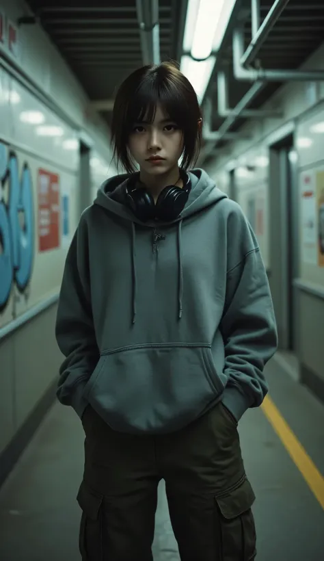(masterpiece:1.3, 8k:1.3, ultra realistic, ultra detailed, high resolution, cinematic atmosphere, soft but moody lighting), young teenage girl with short dark brown bobbed hair, wearing oversized hoodie and combat cargo pants, rebellious aura with headphon...