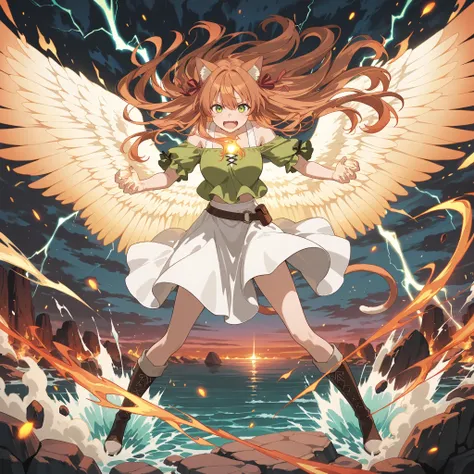 Girl,Beautiful,Japanese Anime,Anime,kanade-default,green eyes,orange hair,long hair,animal ears,hair ribbon,fang,a cat tail,green shirt,off-shoulder shirt,short sleeves,white skirt,knee boots,A colossal phoenix made of all four elements—earth, air, water, ...