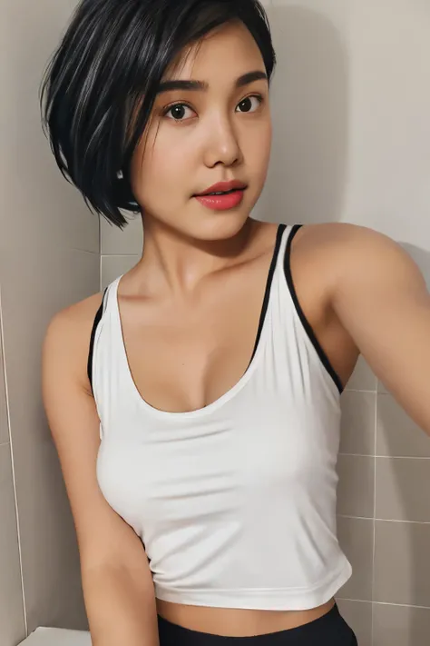 1girl, age 18 years, short Hair, Black Hair, wearing white tank top,  close-up, pulled down top, Breasts, intimate, in the bathroom, overhead camera spotlight, selfie