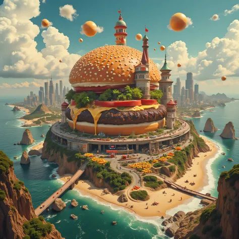 high quality, finely detail, ultra-detailed, giant hamburger city overlooking french fry beach, cola ocean with carbonation bubbles, bacon bridges across sauce rivers, massive onion ring monuments, ketchup geysers, glowing neon signs, epic food landscape