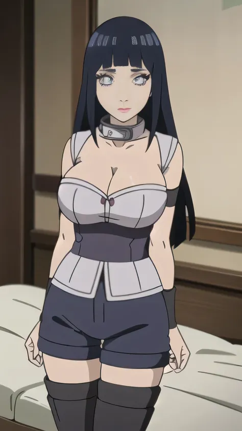 RAW digital art, ultra-realistic 3D render of a stunning woman resembling Hinata Hyuga from Naruto, ((young woman)), ((highly detailed face:1.3)), ((perfectly portioned body, perfect female figure:1.3)), ((skinny, slim waist, narrow hips:1.3)), ((seductive...