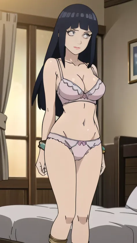 RAW digital art, ultra-realistic 3D render of a stunning woman resembling Hinata Hyuga from Naruto, ((young woman)), ((highly detailed face:1.3)), ((perfectly portioned body, perfect female figure:1.3)), ((skinny, slim waist, narrow hips:1.3)), ((seductive...