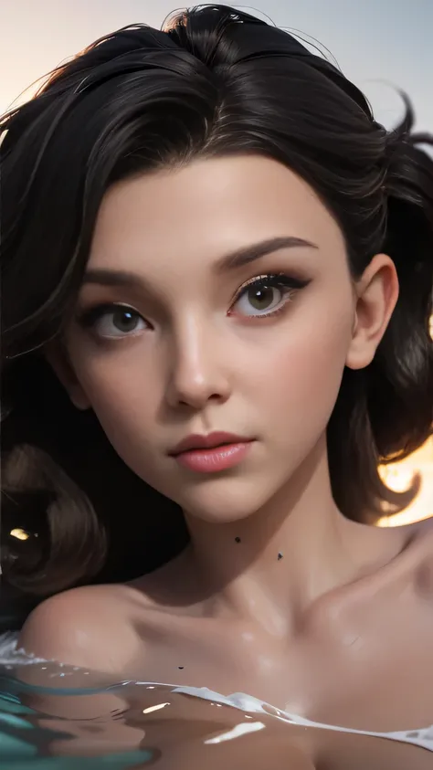 RAW digital art, portrait, ultra-realistic 3D render of a stunning woman resembling Millie Bobby Brown, ((highly detailed face:1.3)), flawless skin texture, expressive eyes with subtle reflections, soft shadows and cinematic studio lighting, Pixar-inspired...