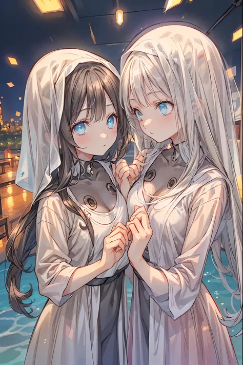 star座のパーソナリティ化,夜空に輝く十二star座がpeopleの姿を得て舞い降りる,(((Gemini twins))),((from above:1.2)),field,starが見える丘で,流star、空から降り注ぐ流star、無数の流star群、girl2people,they look the same,Gemini girl,twin girls,monozygotic,soft expression,year zero,Elegant Behavior, Delicate Shape ,細...