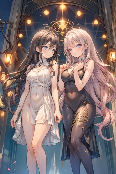 star座のパーソナリティ化,夜空に輝く十二star座がpeopleの姿を得て舞い降りる,(((Gemini twins))),((from above:1.2)),field,starが見える丘で,流star、空から降り注ぐ流star、無数の流star群、girl2people,full shot,full body view,they look the same,Gemini girl,twin girls,monozygotic,soft expression,year zero,Elegant Be...