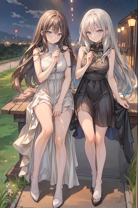 star座のパーソナリティ化,夜空に輝く十二star座がpeopleの姿を得て舞い降りる,(((Gemini twins))),((from above:1.2)),field,starが見える丘で,流star、空から降り注ぐ流star、無数の流star群、girl2people,full shot,full body view,they look the same,Gemini girl,twin girls,monozygotic,soft expression,year zero,Elegant Be...