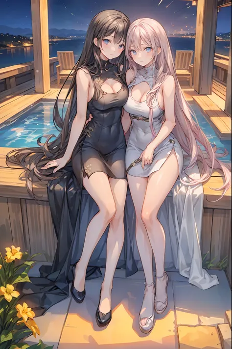 star座のパーソナリティ化,夜空に輝く十二star座がpeopleの姿を得て舞い降りる,(((Gemini twins))),((from above:1.2)),field,starが見える丘で,流star、空から降り注ぐ流star、無数の流star群、girl2people,full shot,full body view,they look the same,Gemini girl,twin girls,monozygotic,soft expression,year zero,Elegant Be...