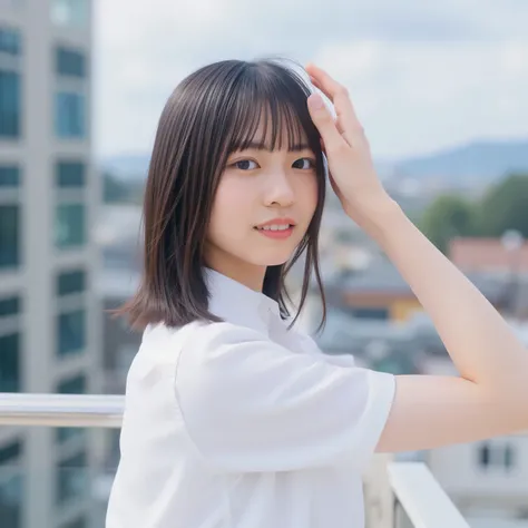 pretty woman, 20 years old, Japanese idol, wearing a white blouse, smile, looking at viewer, from the front, detailed face, detailed eyes, beautiful skin, perfect proportions, delicate hair, medium hair, dynamic posing on a rooftop, tall building, photorea...