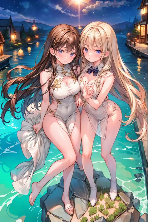 star座のパーソナリティ化,Night Skyに輝く十二star座がpeopleの姿を得て舞い降りる,(((Gemini twins))),((from above:1.2)),Outdoors,Night Sky,満満天のstarが見える,field,starが見える丘で,流star、空から降り注ぐ流star、無数の流star群、girl2people,they look the same,Gemini girl,twin girls,monozygotic,full shot,full body vi...