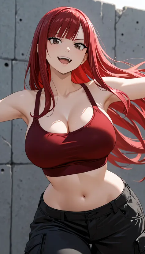 masterpiece, high score, great score, absurdres, close-up, beautiful woman, erza scarlet, blunt bangs long hair, Straight Long Hair with Blunt Bangs, blun bangs, brown eyes, perfect round breasts, cleavage, navel, wide hips,thigh, (wide hips), ((beautiful ...