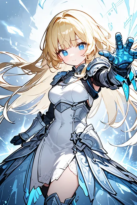 Beautiful girl,One person,masterpiece,dynamic illustration, natural body,(Perfect Armor Dress+White x light blue),intricate details ,Pearlescent Skin、(Blonde),(Clear x Blue Eyes),Advanced Technology,(Light Armor x Gauntlet x Armored Boots),technology armor...