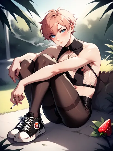 femboy, One male, blue eyes, long shag hairstyle, longer flowy hair, male, sexy, blushing, black high-waisted leggings, leggings, tight fit, side cutout design on leggings, form-fitting silhouette, streetwear aesthetic, flattering on curves, black fishnet ...