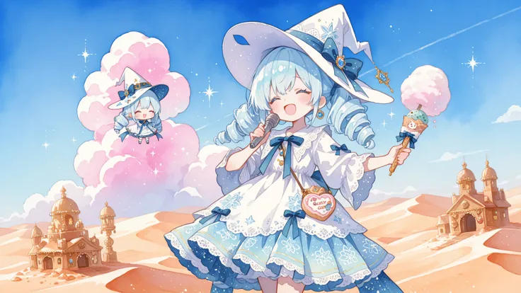 A woman singing into a microphone. Novuschroma65 style watercolor painting, Lovely_Study by focusing on Chu , what is the super high image quality, semi-real painting style, Desert Witch, White Witch Hat, twin drill, Sky blue hair, Sweets Pattern Dress, Ic...