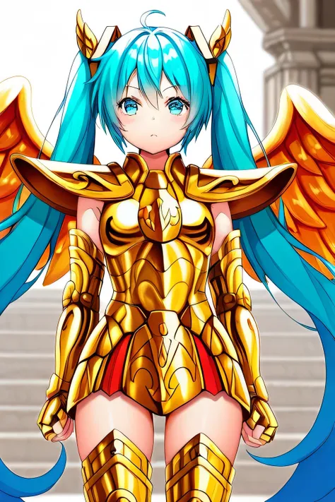 (( gold armor。Battle Pose。 a Greek temple 。 Sunny。armor, wings))。((best quality)), ((masterpiece)), ((more detailed))。1 girl。Hatsune Miku。