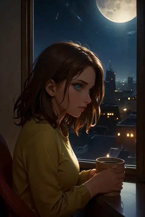 beautiful girl, charmed face, brown hair, Looking out the window at the lights of the city, Ciel nocturne, stars , Moonlight , a sexy girl, more apparent flight system, Rumors, moody, atmospheric