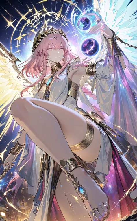 <lora:ishmael_wings_of_equilibrium:1>Ishmael (Punishing Gray Raven), colossal hyperversal giantess in 'Wings of Equilibrium' skin, divine goddess , aesthetic with flowing translucent red, white, and gold fabrics, golden chestplate with celestial engravings...
